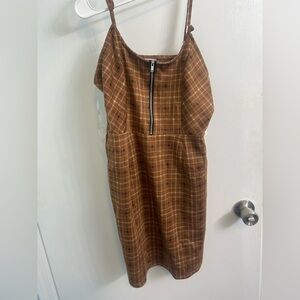 Plaid Brown Spaghetti-Strap Mini Dress with Front Zip